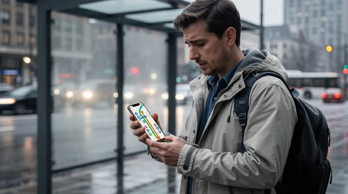 A commuter stands near a bus shelter in Dubai, intently looking at their smartphone displaying a transit map that outlines various transportation routes and destinations. The scene captures the essence of urban travel, highlighting the importance of accessible public transport services for passengers navigating the city.