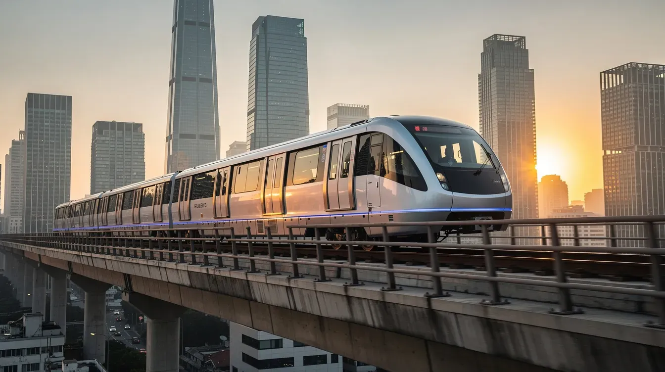 A modern driverless Dubai metro train glides along elevated tracks, with a stunning skyline of glass skyscrapers in the background, showcasing the city's impressive metro system and its iconic red and green lines. The scene captures the seamless connection between transportation and urban development in Dubai.