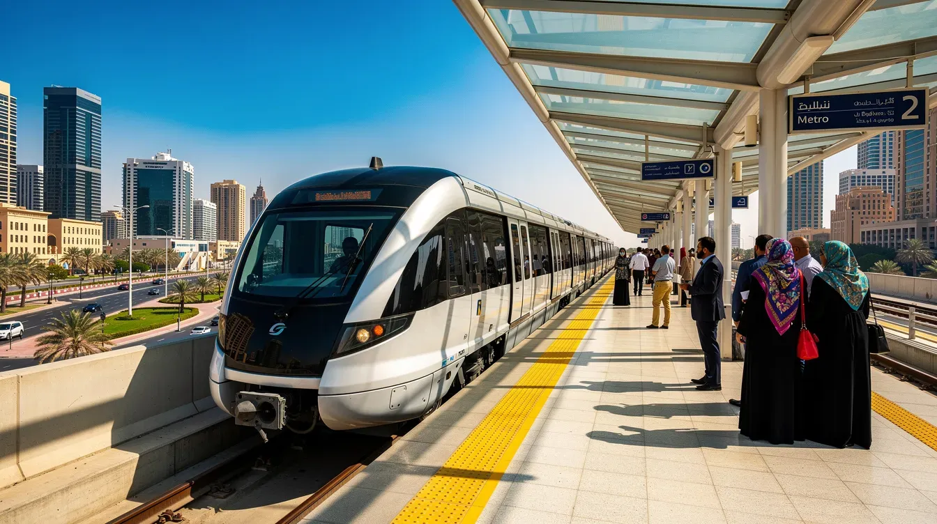 A modern driverless metro train is arriving at a sleek elevated station platform in a sunny Middle Eastern city, showcasing Dubai's advanced public transport system. The scene captures the essence of Dubai's metro stations, with the backdrop of iconic landmarks like the Burj Khalifa and the Dubai Mall.