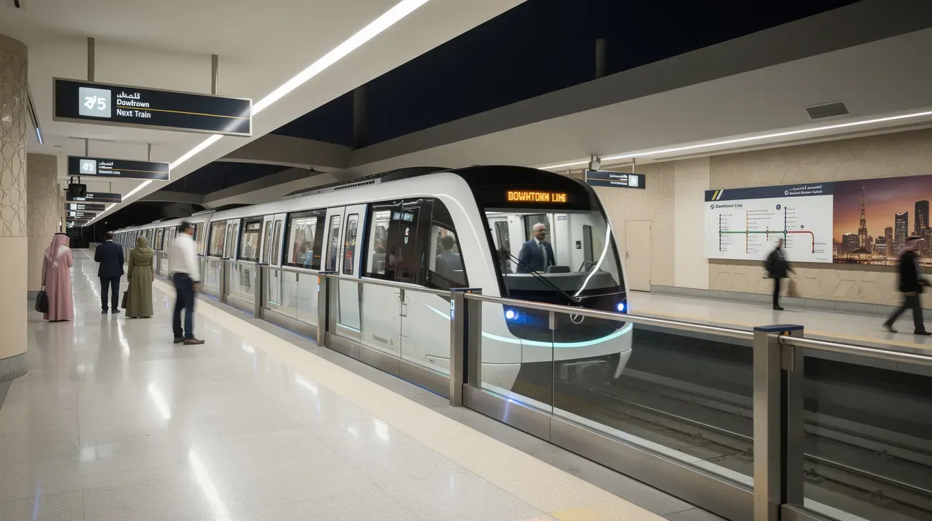 A modern driverless metro train is arriving at a sleek, well-lit platform in a Middle Eastern city, showcasing the advanced transportation services of the Dubai Metro. The scene highlights the efficiency of the metro system, which is part of the Roads and Transport Authority's commitment to enhancing urban mobility.