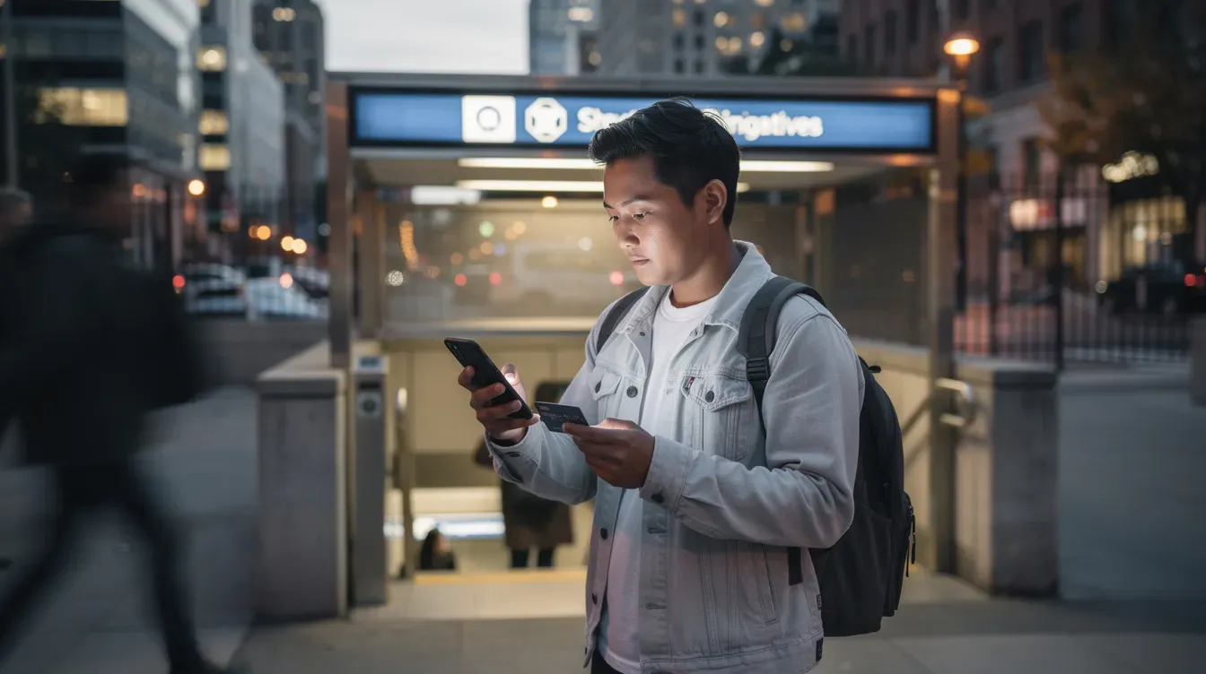 A person stands near a metro station entrance, intently looking at their smartphone screen while holding a transit card in their other hand, possibly checking the Dubai Metro fare calculator for their next journey. The scene captures the essence of modern transportation services in Dubai, highlighting the convenience of using digital platforms for navigating the metro system.