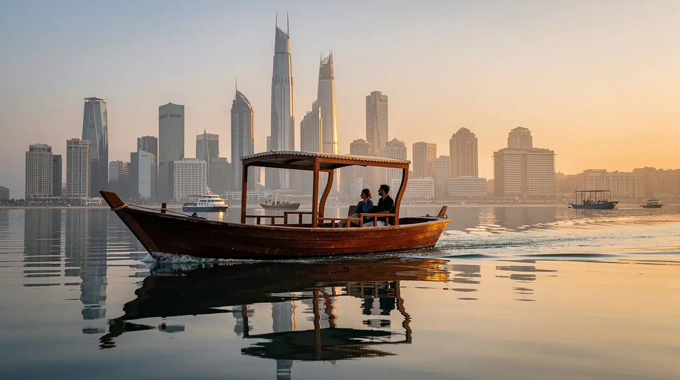 A traditional wooden abra boat glides across calm waters, with the vibrant skyline of Dubai Marina in the background. This scene captures a popular mode of marine transport, often used by tourists and locals alike to connect various destinations within the city.