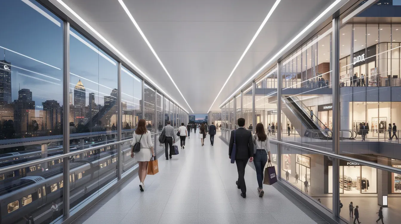 An air-conditioned pedestrian bridge connects a Dubai Metro station to a large modern shopping mall featuring glass facades, providing a comfortable passage for commuters and shoppers alike. The bridge enhances accessibility to the metro system, linking the bustling shopping destination with the city's extensive metro network.
