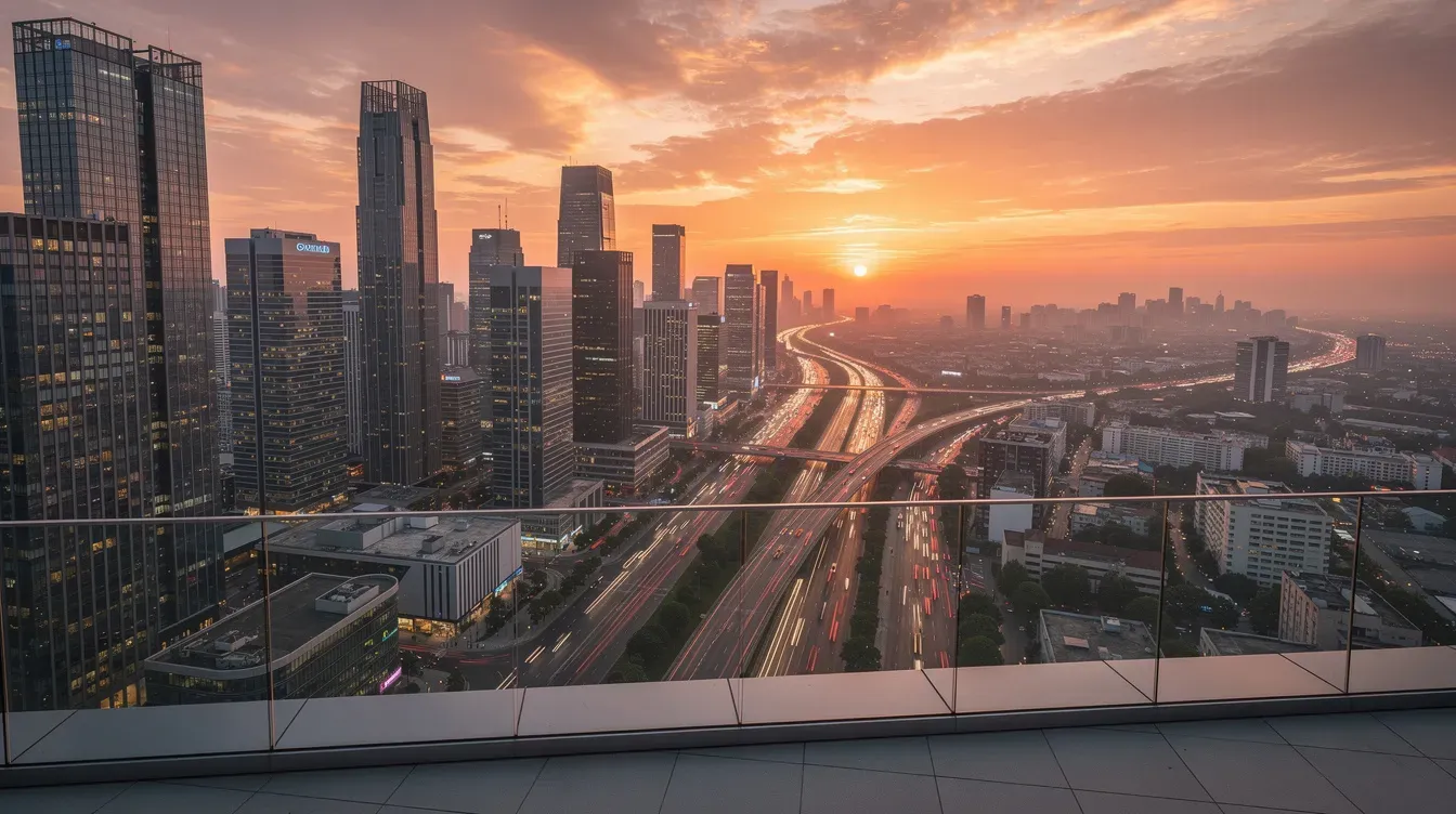 The image captures a stunning panoramic view from a high observation deck, showcasing the modern Dubai skyline filled with tall glass skyscrapers and a busy highway below, all bathed in the warm hues of sunset. This breathtaking scene highlights the city's evolution, where old and new Dubai coexist harmoniously against the backdrop of iconic landmarks like the Burj Khalifa.