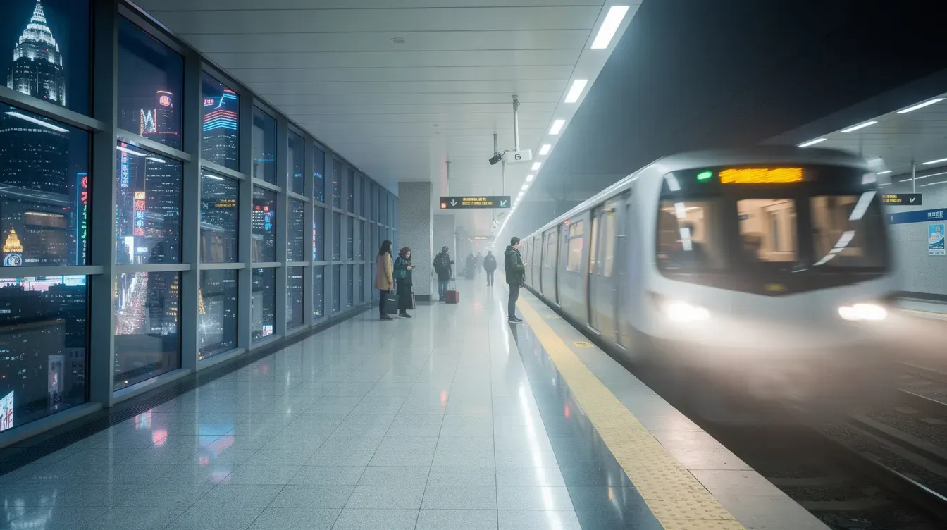 The image depicts a brightly lit metro platform at night, showcasing a modern Dubai metro train arriving, with vibrant city lights visible through large glass windows. The scene captures the essence of Dubai's transportation services, emphasizing the convenience of the Dubai metro system.