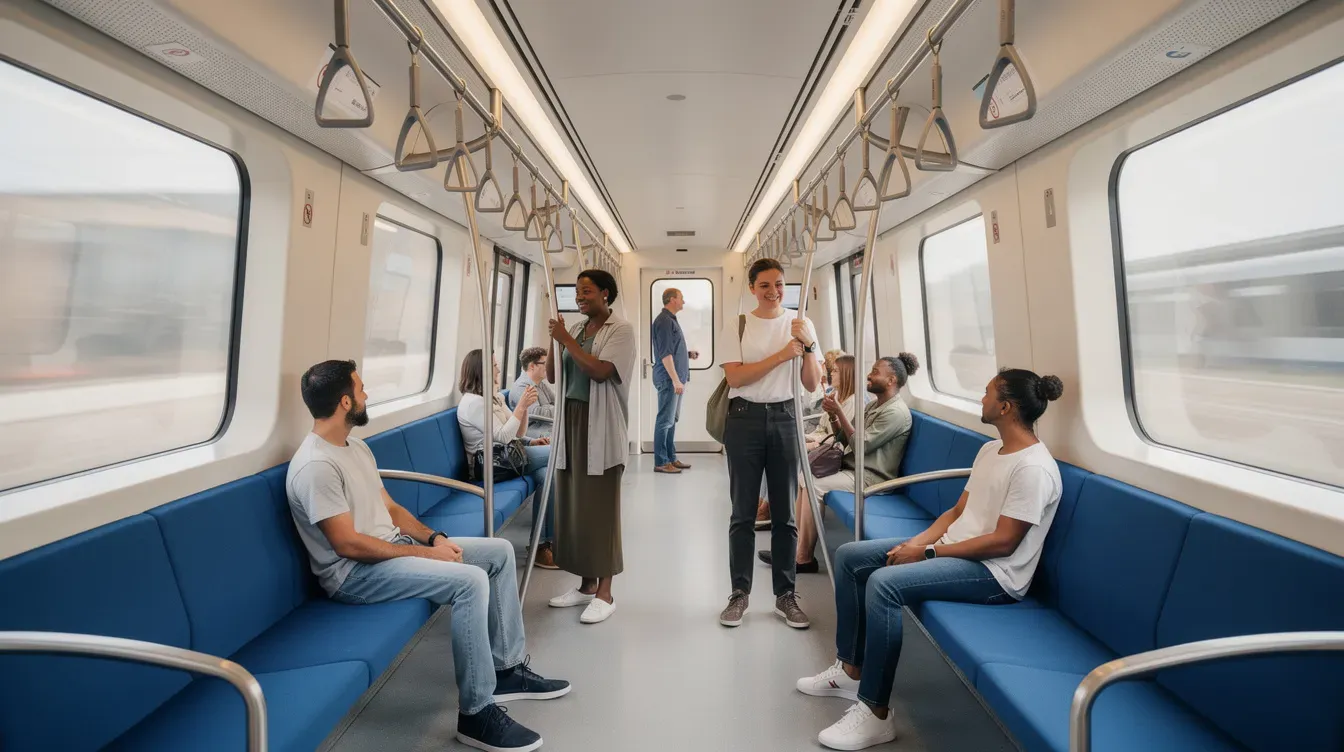The image depicts the interior of a modern Dubai metro train, featuring wide aisles and blue seating, with overhead handrails for passenger support. Several commuters are standing comfortably, enjoying the air-conditioned environment as they travel along the metro network.