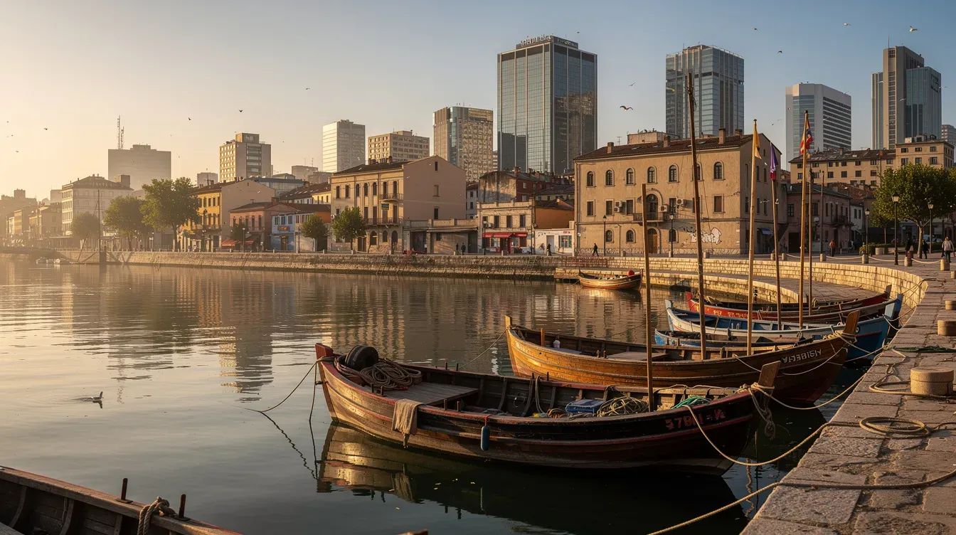 The image showcases a panoramic view of a historic waterfront creek area featuring traditional wooden boats, with a modern cityscape in the background, including notable landmarks like the Burj Khalifa and Dubai Mall. This picturesque scene captures the blend of Dubai's rich heritage and contemporary architecture, making it a significant attraction for visitors exploring the city.