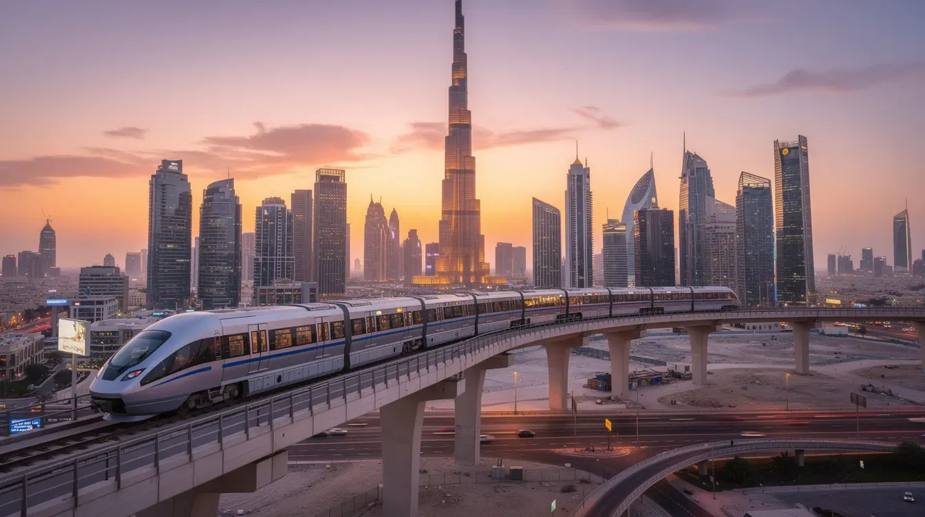 The image showcases the stunning Dubai skyline at sunset, prominently featuring the Burj Khalifa tower, while a modern elevated Dubai Metro rail line gracefully curves through the foreground, symbolizing the city's advanced traffic and transportation services. The warm hues of the sunset create a vibrant backdrop, highlighting the dynamic blend of architecture and urban mobility.