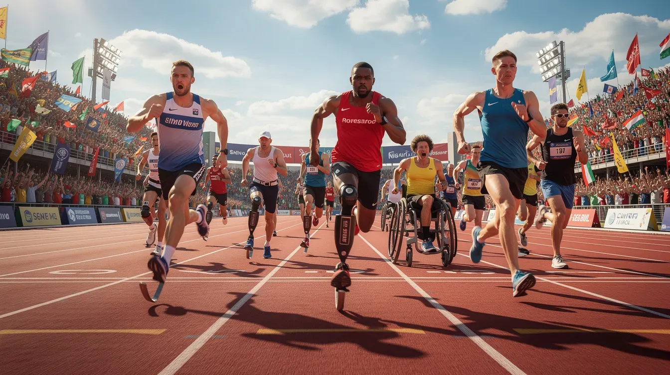 The image shows a diverse group of athletes with different abilities competing in a running event at a large outdoor sports stadium, with enthusiastic spectators cheering in the background. This scene highlights the spirit of determination and inclusivity, embodying the values of a truly inclusive society where people of determination can showcase their achievements.