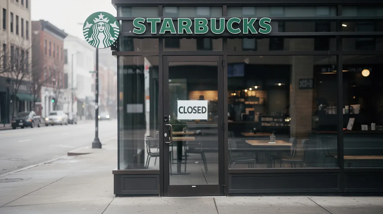 The image shows a Starbucks storefront with a "temporarily closed" sign hanging on the glass door, situated on a quiet street. The absence of customers emphasizes the stillness of the surroundings, highlighting the closure of the popular coffee shop.